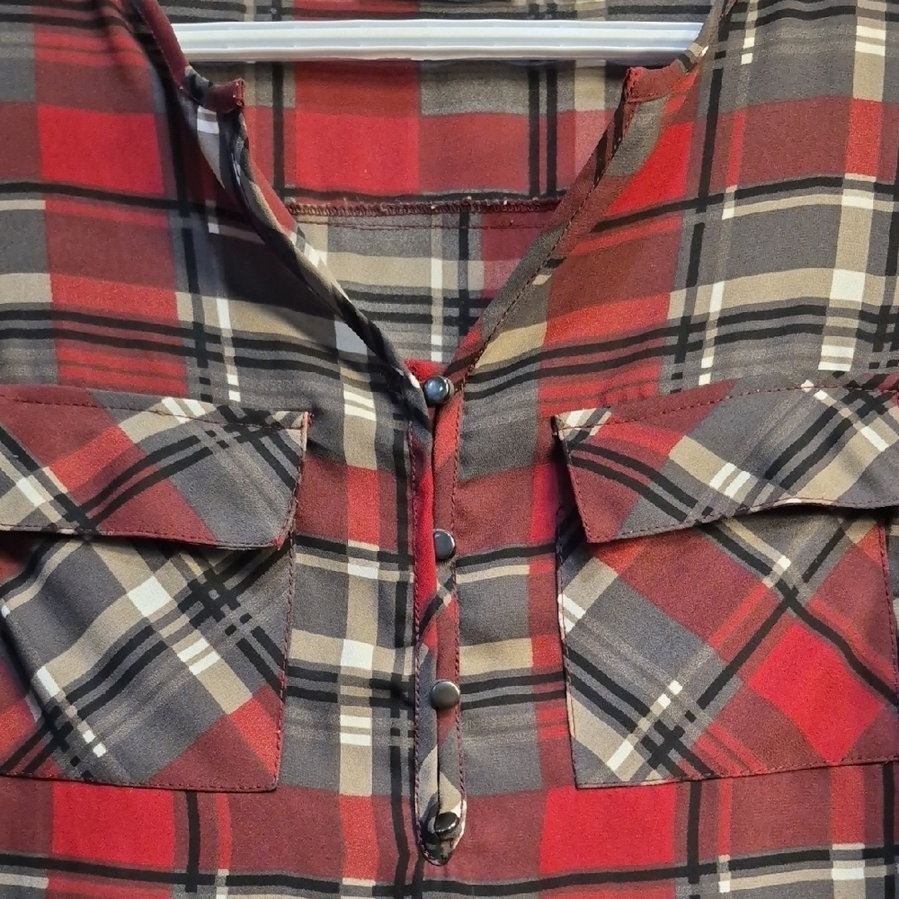 William Rast Red and Gray Plaid Button-Front Tunic - Picture 2 of 10